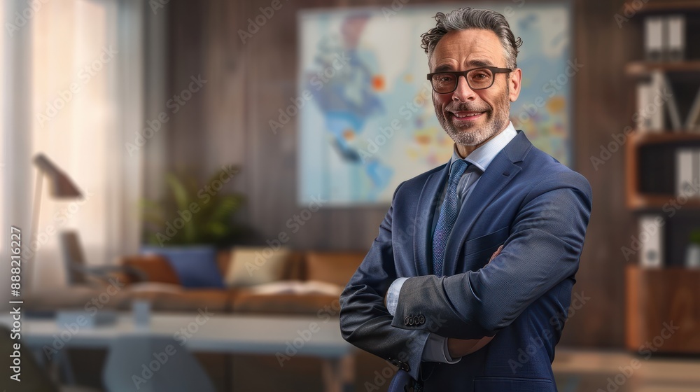 Happy middle aged business man ceo standing in office arms crossed. Smiling mature confident professional executive manager, proud lawyer, businessman leader wearing blue suit, created with ai Happy middle aged business man ceo standing in office arms crossed. Smiling mature confident professional executive manager, proud lawyer, businessman leader wearing blue suit, created with ai