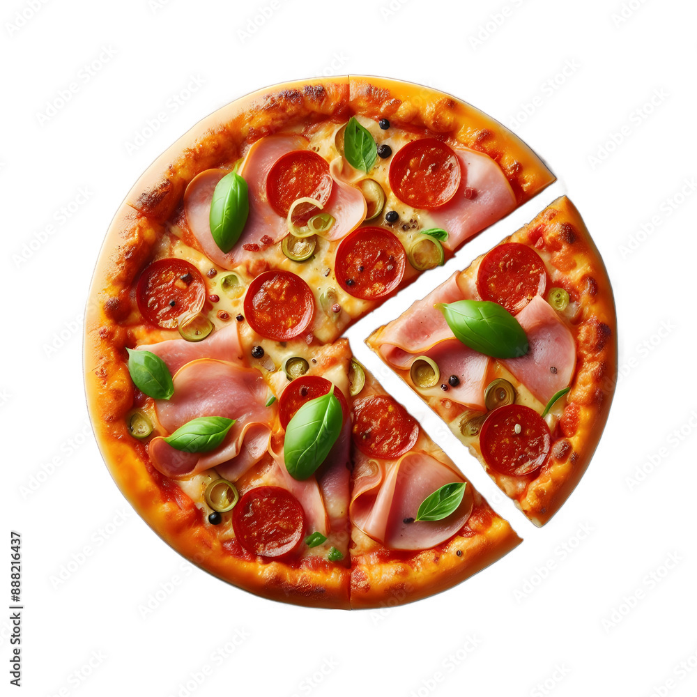 Pizza on wooden board with slice top view isolated on transparent background Pizza on wooden board with slice top view isolated on transparent background