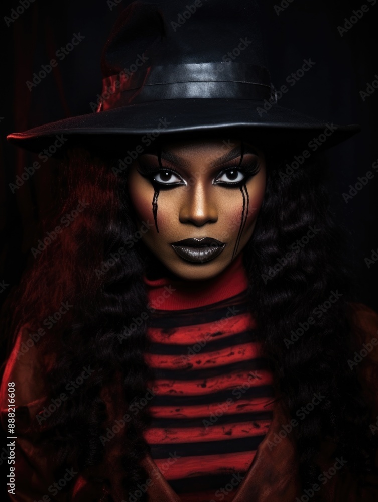 Enigmatic Witch with Dramatic Makeup in Dark Ambiance, Halloween Horror Costume Celebration Concept Enigmatic Witch with Dramatic Makeup in Dark Ambiance, Halloween Horror Costume Celebration Concept