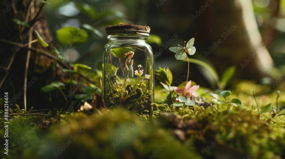 A whimsical scene of a fairy trapped inside a small glass jar, with tiny flowers and greenery inside. The fairy looks curious and playful A whimsical scene of a fairy trapped inside a small glass jar, with tiny flowers and greenery inside. The fairy looks curious and playful