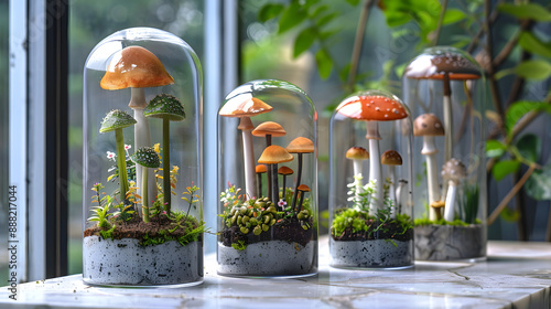 cylindrical terrarium with with designer top and bottom lids, mushroom inspired design photo