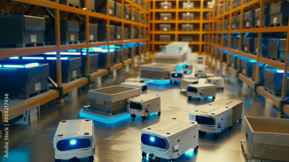 Obraz premium An automated warehouse with robots sorting and moving packages, representing the cutting-edge technology in logistics and supply chain management.