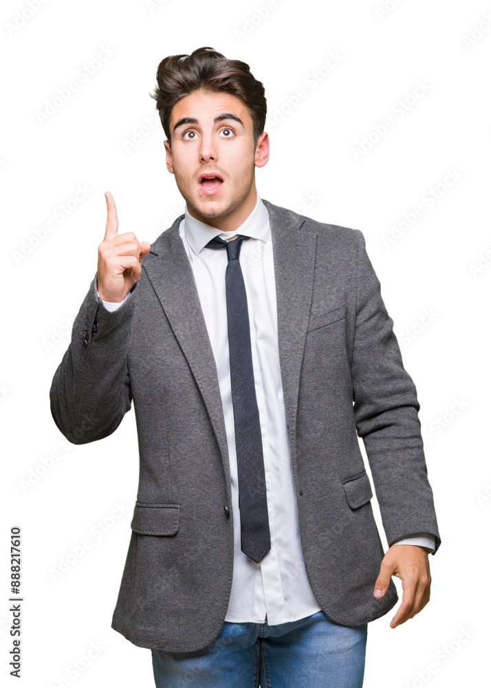 Young business man wearing suit and tie over isolated background pointing finger up with successful idea. Exited and happy. Number one. Young business man wearing suit and tie over isolated background pointing finger up with successful idea. Exited and happy. Number one.