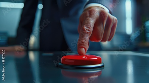 Finger of a man in a suit presses a large red button. AI generated.