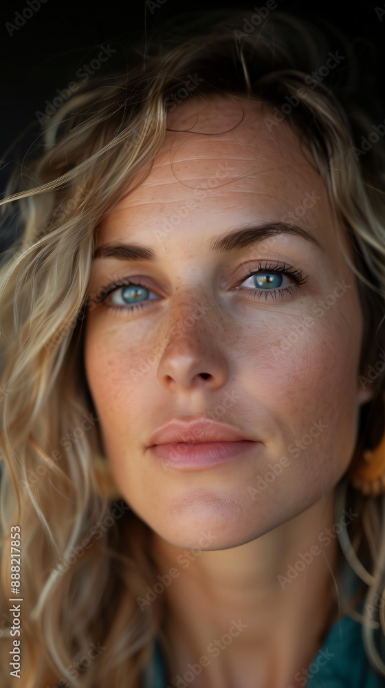 Artist and musician. Portrait of a beautiful young woman with blue eyes and long blond hair, wearing a turquoise shirt Artist and musician. Portrait of a beautiful young woman with blue eyes and long blond hair, wearing a turquoise shirt