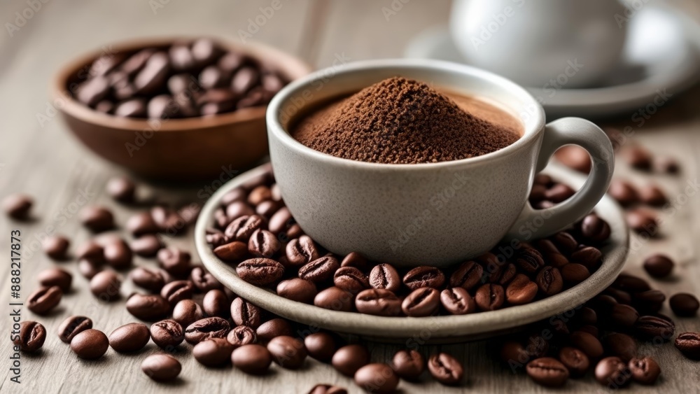 Obraz premium Aromatic coffee beans and a steaming cup of cappuccino