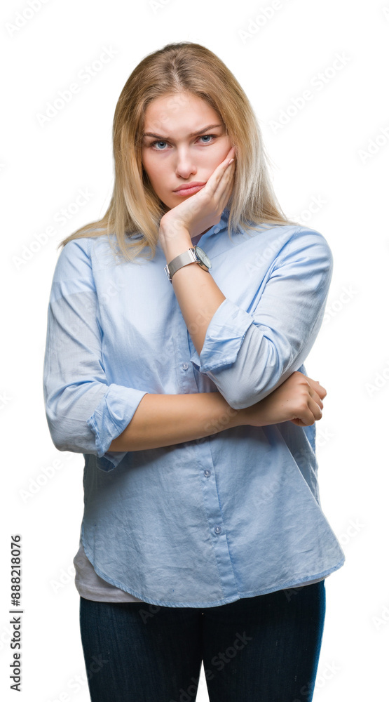 Young caucasian business woman over isolated background thinking looking tired and bored with depression problems with crossed arms. Young caucasian business woman over isolated background thinking looking tired and bored with depression problems with crossed arms.