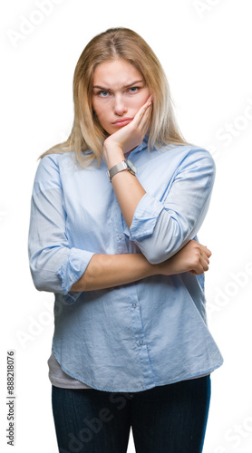 Young caucasian business woman over isolated background thinking looking tired and bored with depression problems with crossed arms.