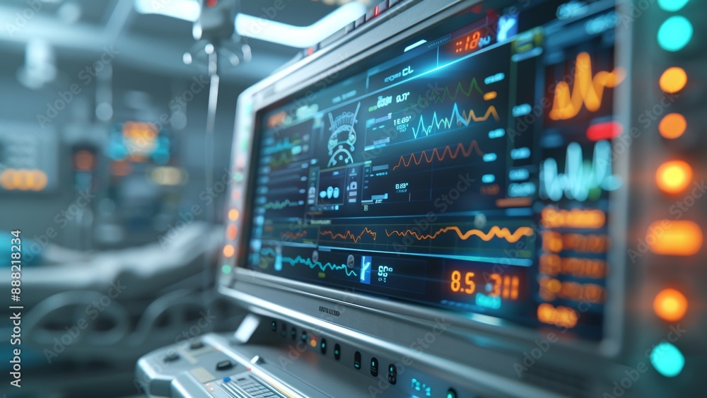 Close-Up of Hospital Device Monitor: Intricate Medical Healthcare System with Vital Signs Display Close-Up of Hospital Device Monitor: Intricate Medical Healthcare System with Vital Signs Display