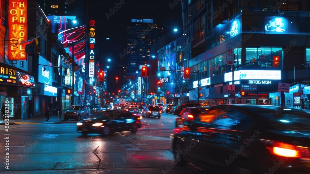 A busy urban intersection at night with neon signs A busy urban intersection at night with neon signs