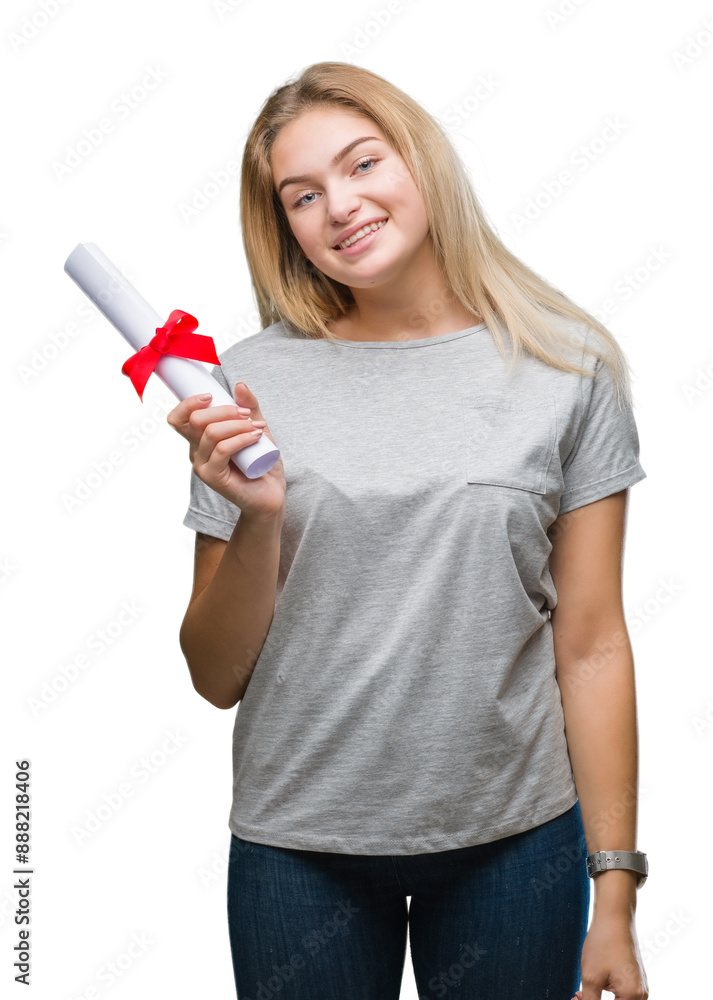 Young caucasian woman holding degree over isolated background with a happy face standing and smiling with a confident smile showing teeth Young caucasian woman holding degree over isolated background with a happy face standing and smiling with a confident smile showing teeth