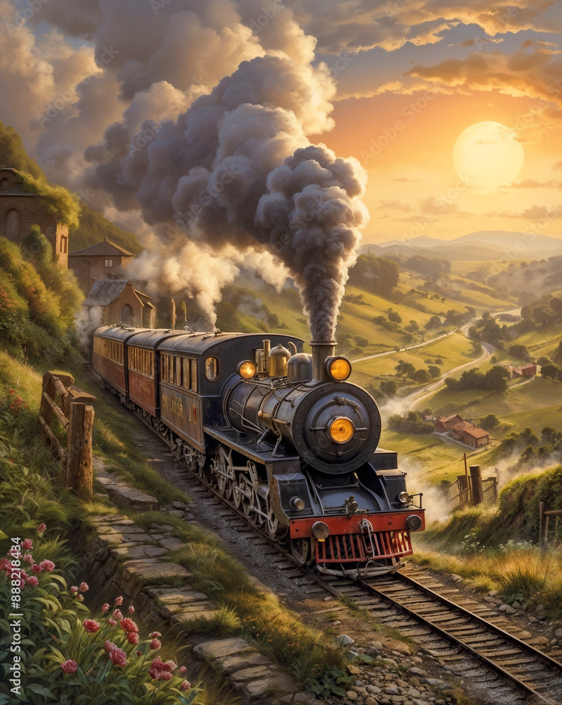 Obraz premium nostalgic retro illustration of a steam train from the age of steam