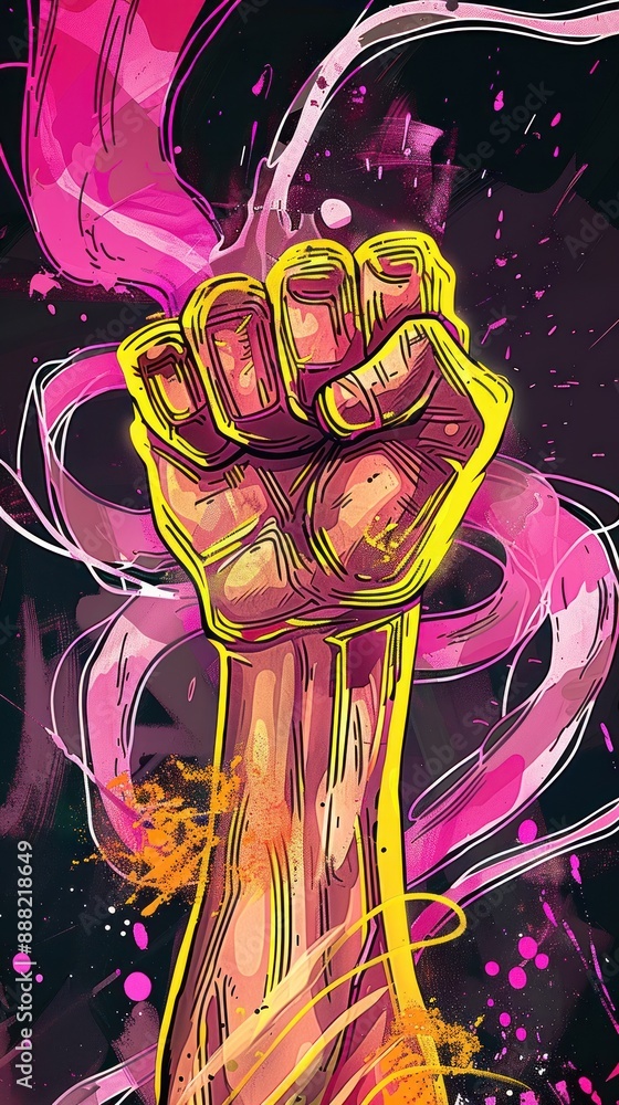 Fototapeta premium Radiant fist in pink and neon aura, vibrant gesture art.