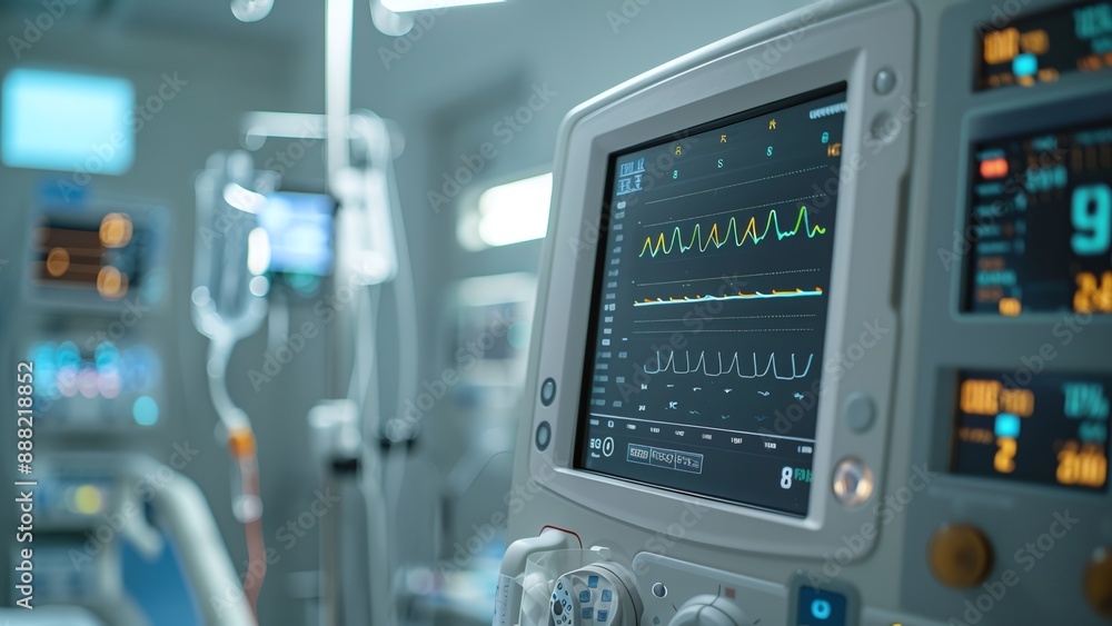 Close-Up of Hospital Device Monitor: Intricate Medical Healthcare System with Vital Signs Display Close-Up of Hospital Device Monitor: Intricate Medical Healthcare System with Vital Signs Display
