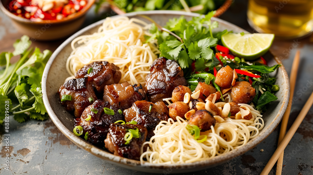 Chinese noodle with pork and spicy sauce on rustic background. Chinese noodle with pork and spicy sauce on rustic background.