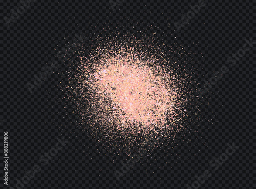 Salt or sugar crystal powder, flying dust particles. Splash of cosmetics powder or pink salt. Crushed granules of sand or himalayan salt. Vector illustration of spilled powder