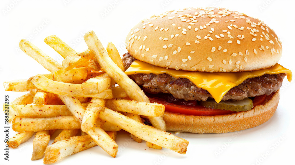 Tasty burger with crispy French fries isolated on white background. Fresh fast food meall Tasty burger with crispy French fries isolated on white background. Fresh fast food meall
