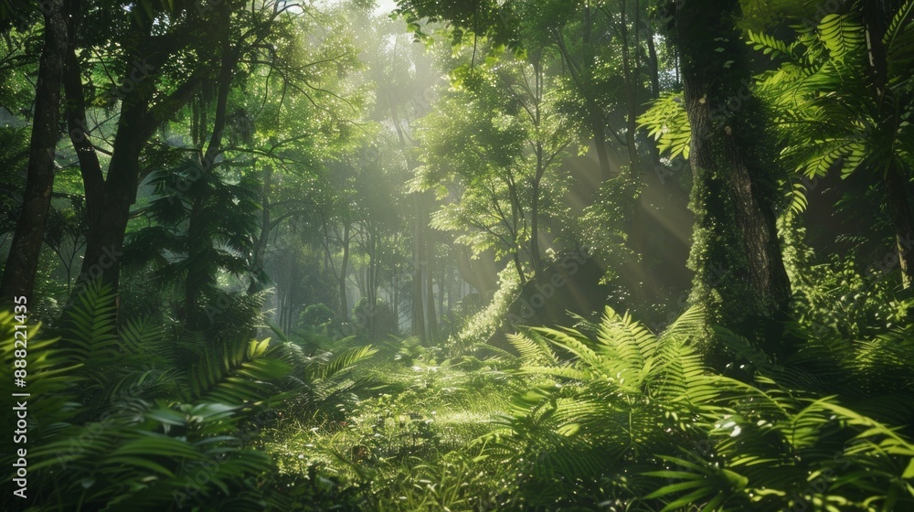 Sunbeams through lush green rainforest canopy in early morning Sunbeams through lush green rainforest canopy in early morning