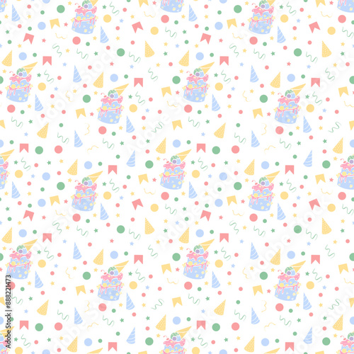 Kids birthday celebration vector seamless pattern. Stars, piece of cake, dots background and confetti. Festive background, ideal for carnival, new year or birthdays. Children friendly.