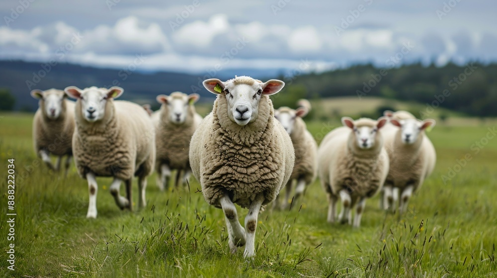 Fototapeta premium Sheep running through a lush green field on a cloudy day