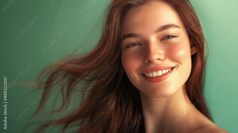 Smiling Woman with Flowing Hair - Joyful and Natural Beauty Portrait, Female with Wind-Swept Hairstyle, Radiant Smile, and Fresh Look, Outdoor Photography Smiling Woman with Flowing Hair - Joyful and Natural Beauty Portrait, Female with Wind-Swept Hairstyle, Radiant Smile, and Fresh Look, Outdoor Photography