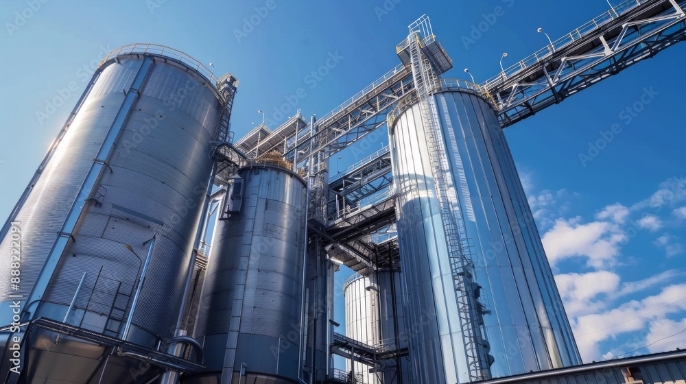 Industrial silos against a clear blue sky on a sunny day Industrial silos against a clear blue sky on a sunny day