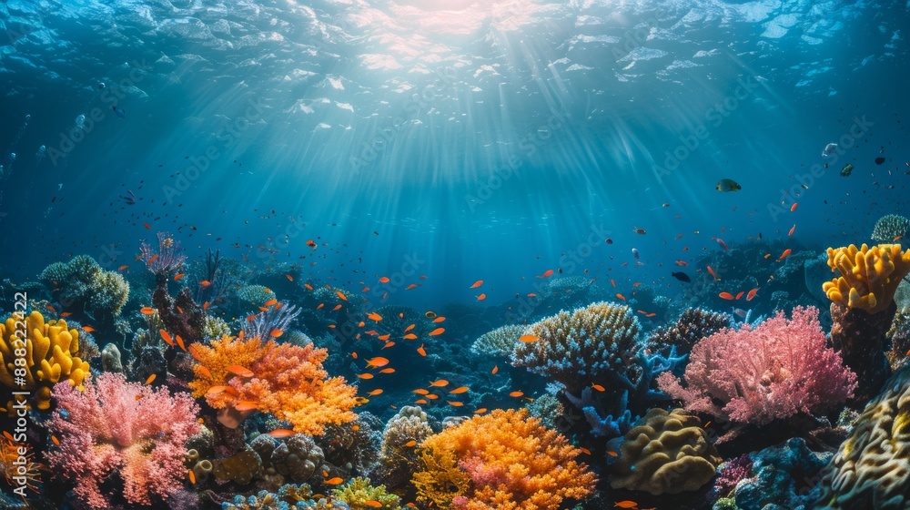 Fototapeta premium Colorful coral reef ecosystem underneath sunlight in clear ocean water