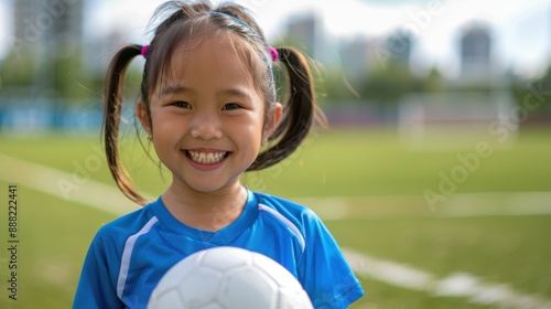 The cheerful girl with soccer ball