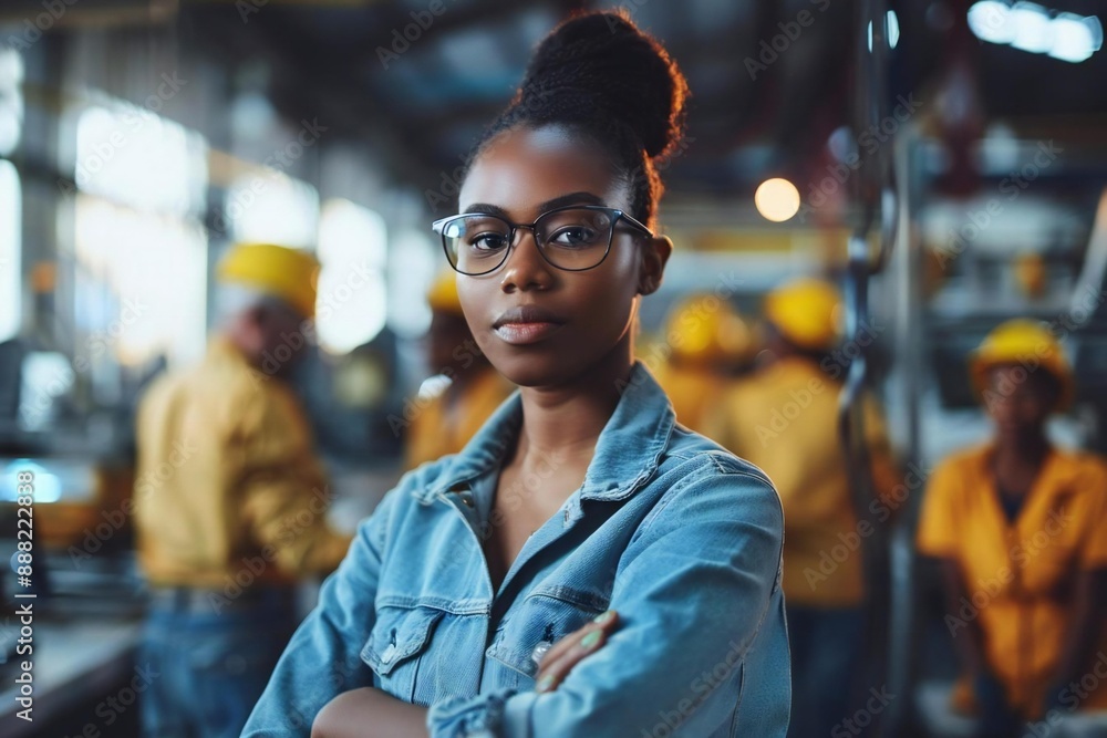Young African American Woman Leading Industrial Team Collaboration in Factory Setting Young African American Woman Leading Industrial Team Collaboration in Factory Setting