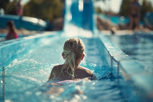 Child having fun on water slide at an amusement park on a sunny day and enjoying the summer Child enjoying water slide fun concept photo