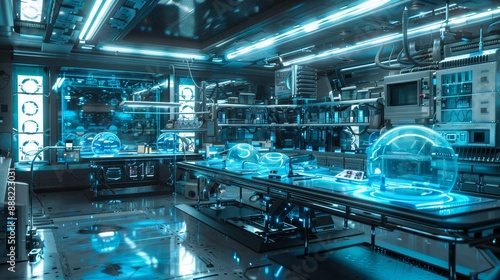 Wide view of a futuristic laboratory with advanced equipment.