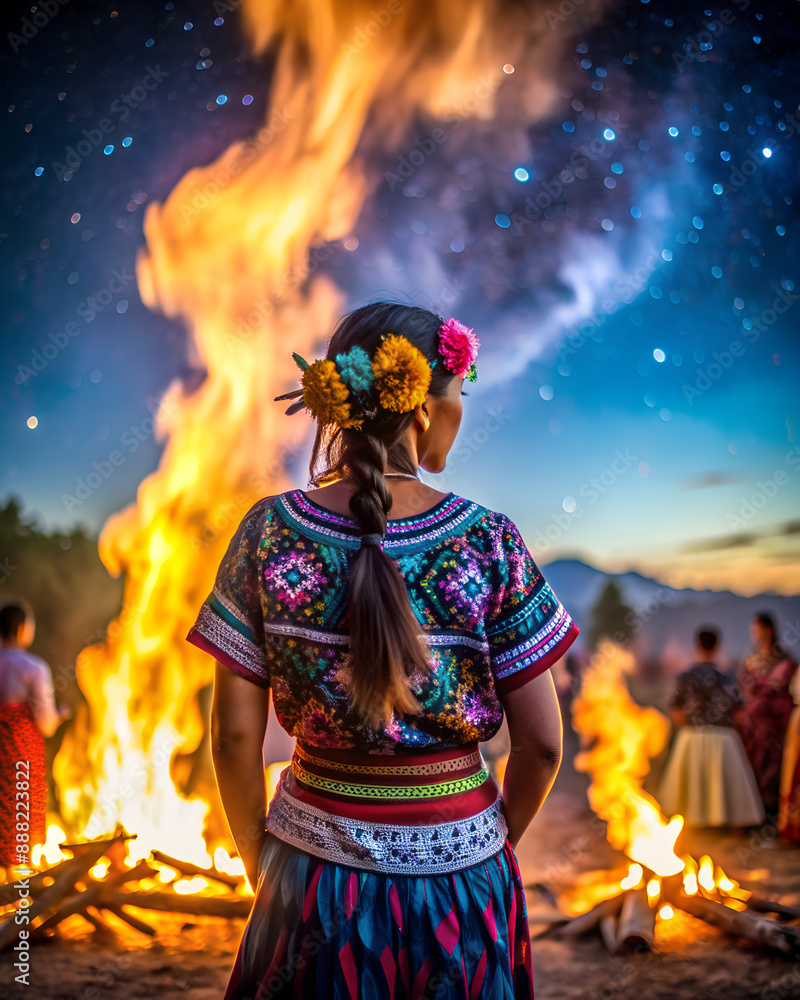 Fototapeta premium Close up a Mayan woman stands with her back to make a wish in a fire ceremony. The background is at night, the sky is colorful and you can see stars.