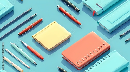 Back to School Background with Neatly Arranged Notebooks and School Supplies Against Minimalist Backdrop, Perfect for Educational Themes