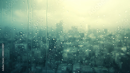 Rain-Streaked Window with a City Skyline