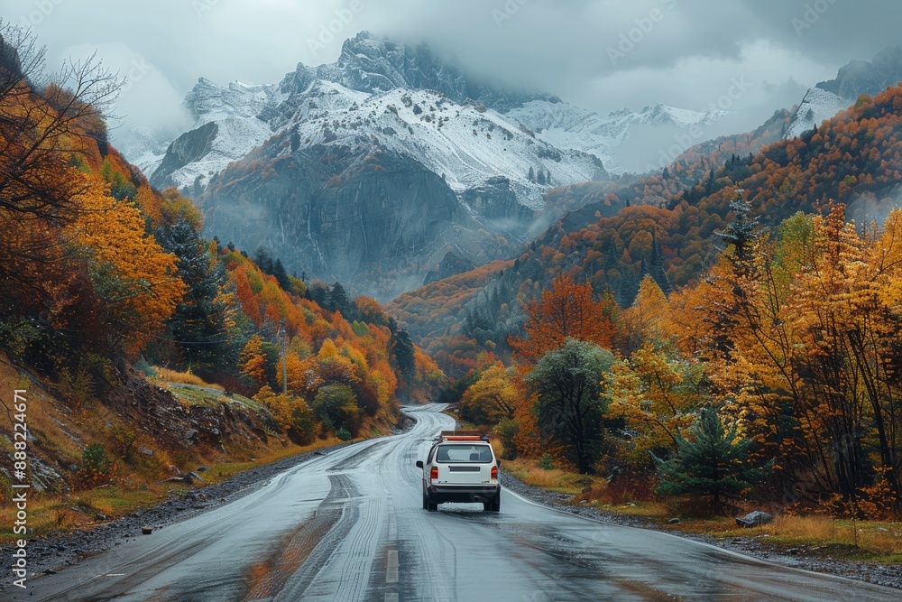 Car drive on mountain road landscape in fall. Generative AI Car drive on mountain road landscape in fall. Generative AI
