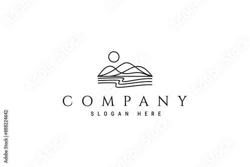 Abstract mountains and ocean waves or lake in sunlight with line art linear logo design illustration concept