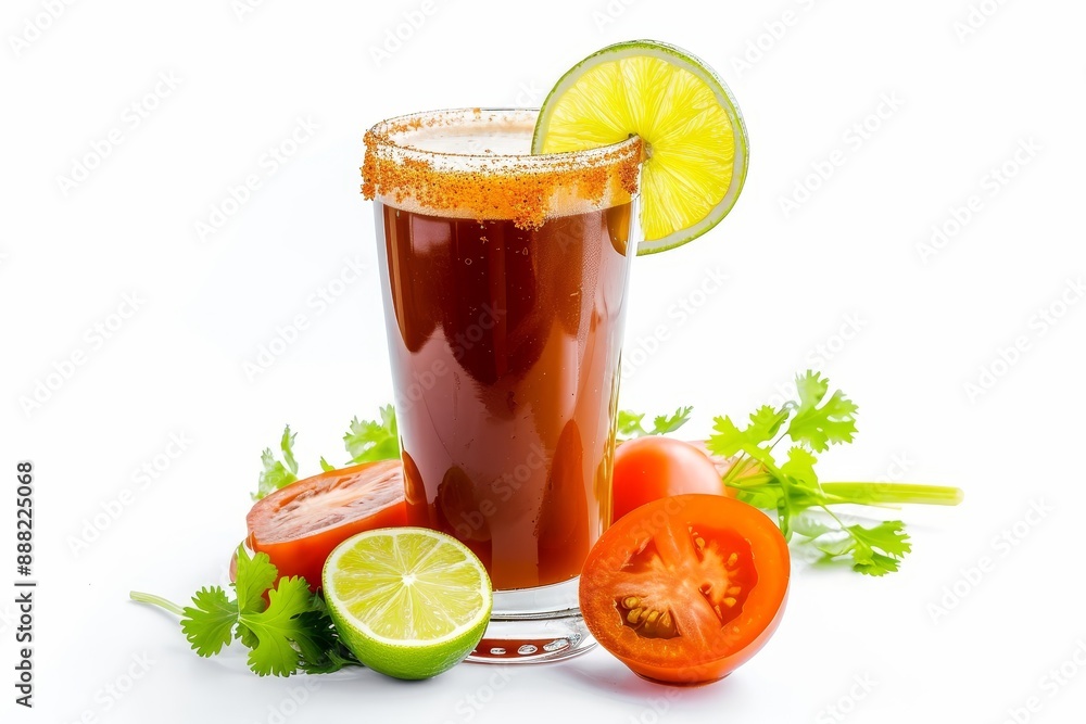 White background with homemade michelada cocktail made of beer lime juice hot sauce tomato juice and salted rim White background with homemade michelada cocktail made of beer lime juice hot sauce tomato juice and salted rim