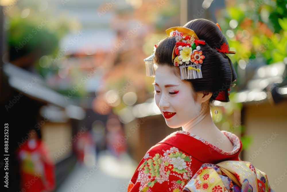 A Japanese woman with traditional makeup and red attire. A Japanese woman with traditional makeup and red attire.