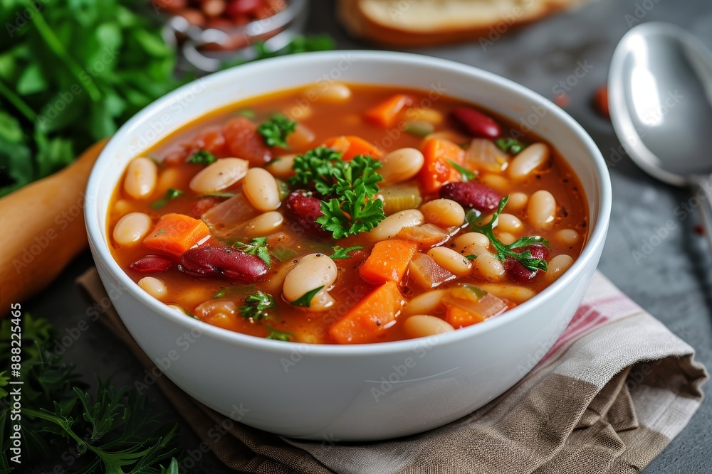 White bowl containing bean soup White bowl containing bean soup
