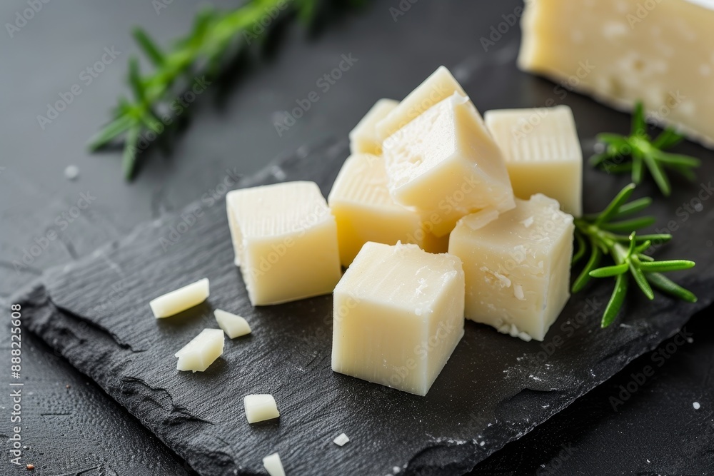 White cheddar cheese cubes served on a black slate plate White cheddar cheese cubes served on a black slate plate