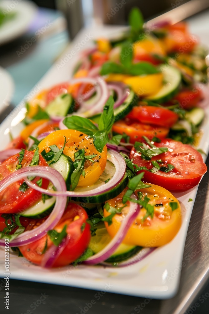 Fresh Tomato Salad with Cucumbers, Red Onions, and Herbs in Modern Kitchen Setting Fresh Tomato Salad with Cucumbers, Red Onions, and Herbs in Modern Kitchen Setting