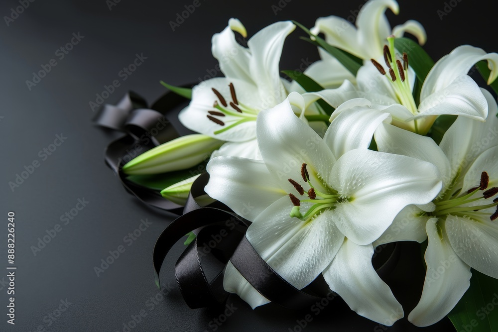 Obraz premium White lilies with black ribbon on funeral backdrop
