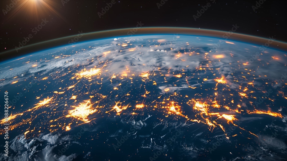 A breathtaking view of Earth at night, showcasing city lights illuminated by the glow of miniature satellites orbiting overhead. A breathtaking view of Earth at night, showcasing city lights illuminated by the glow of miniature satellites orbiting overhead.