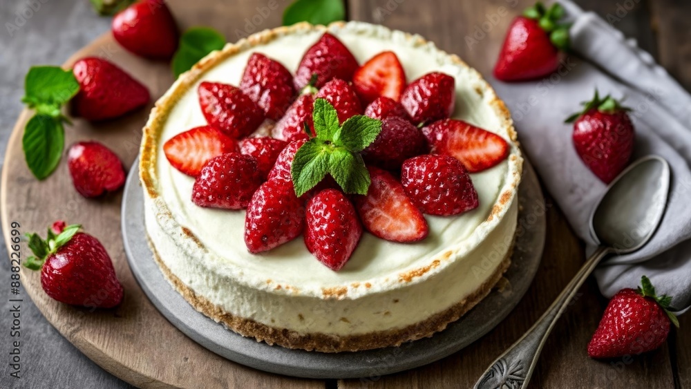 Deliciously fresh strawberry cheesecake ready to be savored Deliciously fresh strawberry cheesecake ready to be savored
