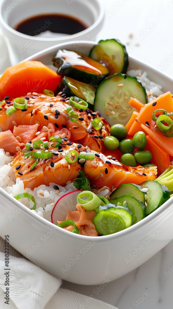 A minimalist setup featuring a bento box containing rice, pickles, grilled fish, and fresh vegetables on a clean white table with bright, indirect lighting A minimalist setup featuring a bento box containing rice, pickles, grilled fish, and fresh vegetables on a clean white table with bright, indirect lighting