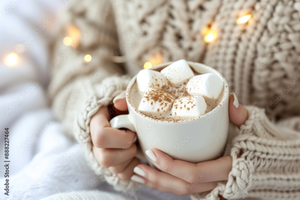 Woman holding hot chocolate with marshmallow and wearing a sweater Woman holding hot chocolate with marshmallow and wearing a sweater
