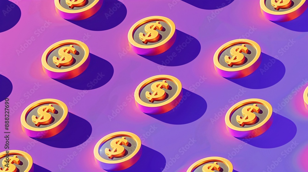 Pattern of gold dollar coins casting shadows on a purple background with a vibrant, colorful gradient Pattern of gold dollar coins casting shadows on a purple background with a vibrant, colorful gradient