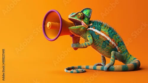 Obraz Creative announcement concept. A vibrant chameleon appears to be shouting into a megaphone against a solid orange background, showcasing a playful mix of wildlife