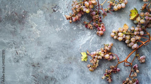 Dehydrated grapes Vine buds Spring season Space for text