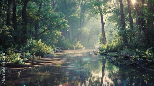 Enchanted woodlands. Serene capture of forest bathed in gentle morning sunlight reflecting in tranquil river ideal nature landscape and scenic collections photo